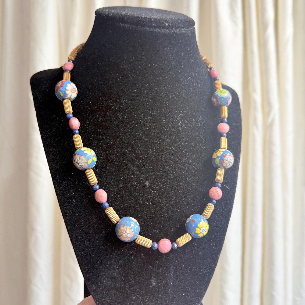 Artisan Vintage Cloisonne Lapis Rhodonite Gemstone Brass Bead Necklace 20" OOAK